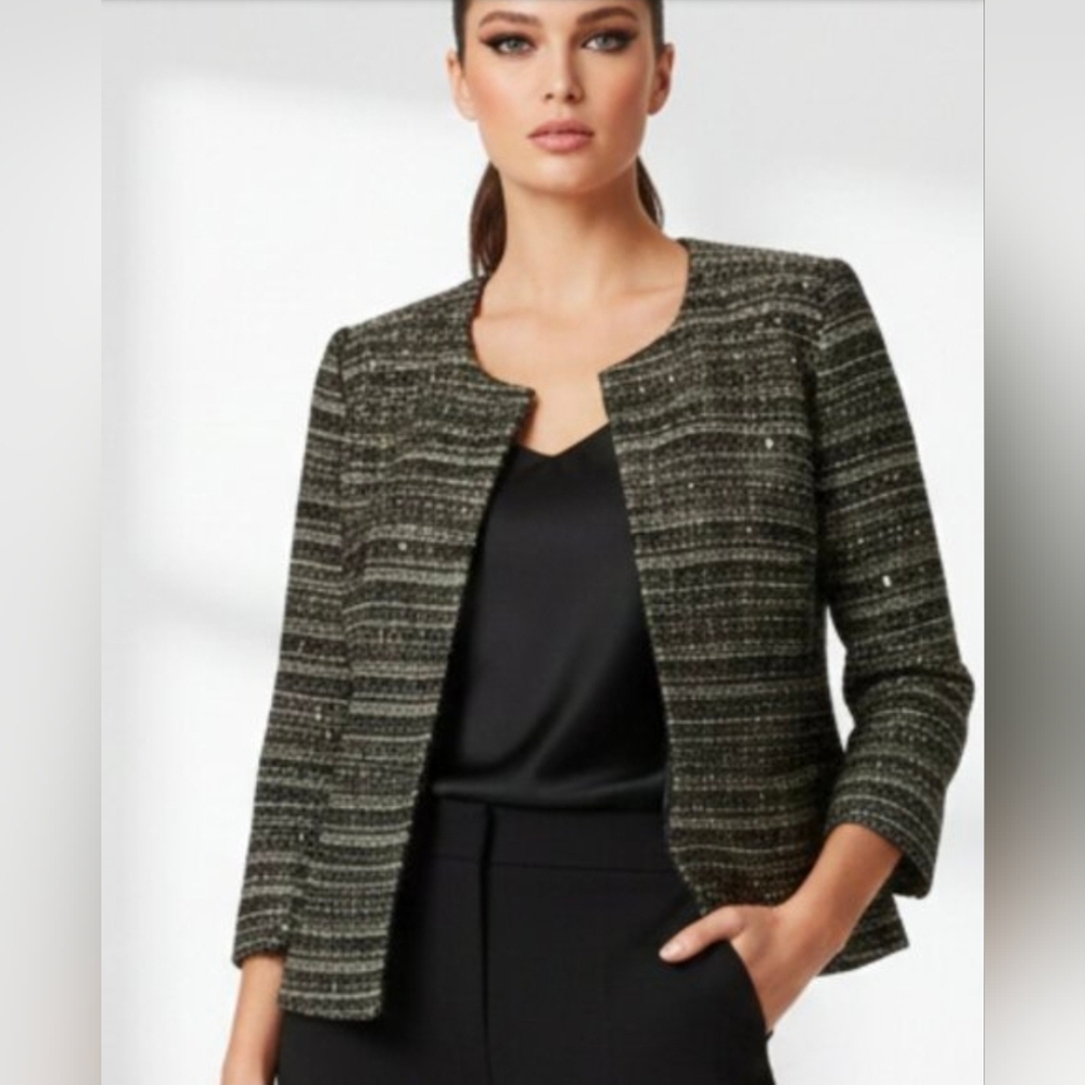 NWT Anthropologie Pleione Bellatrix tweed black white cropped blazer Sz L